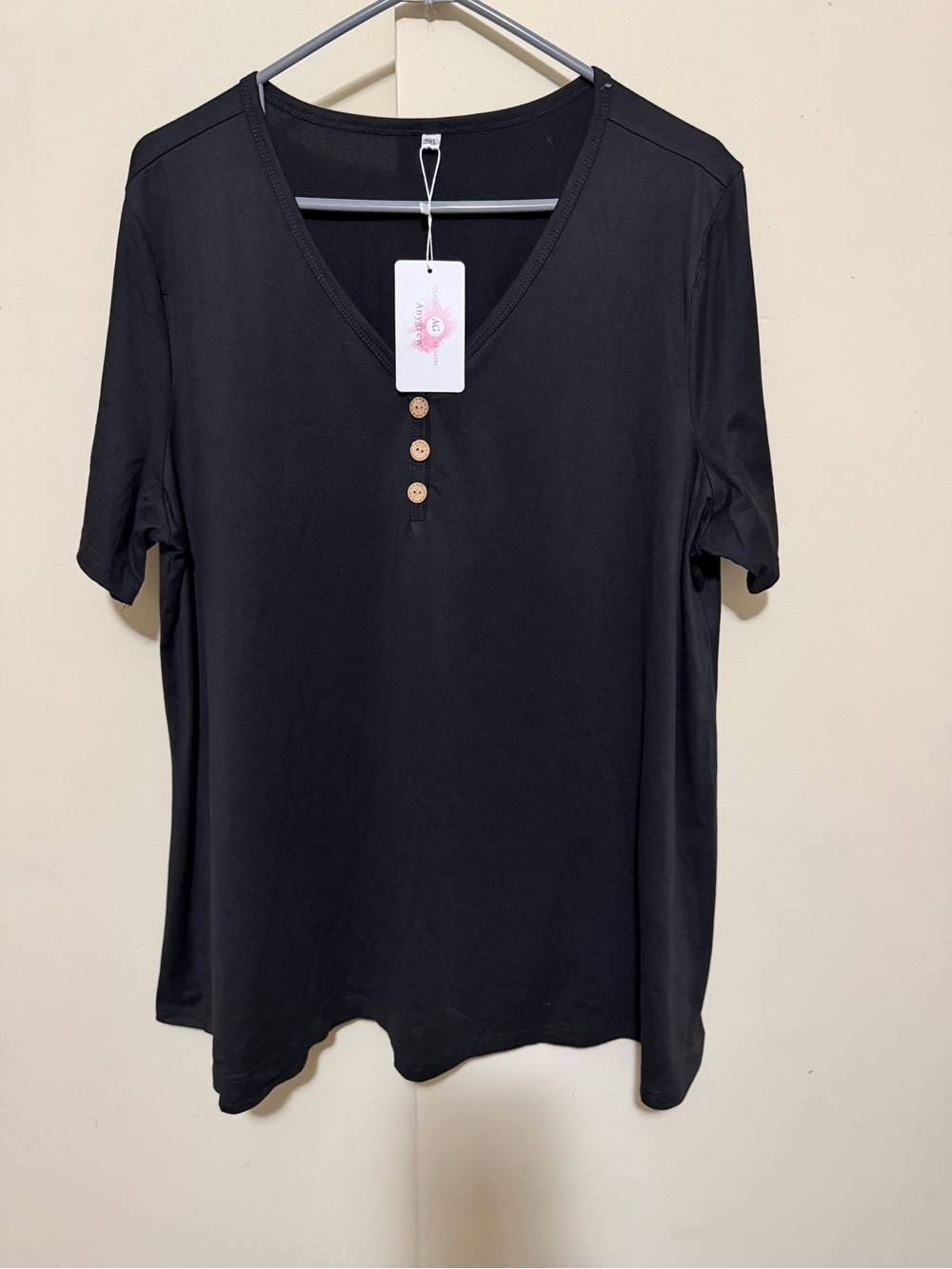 Classic Black V-Neck Button Short Sleeve Tee